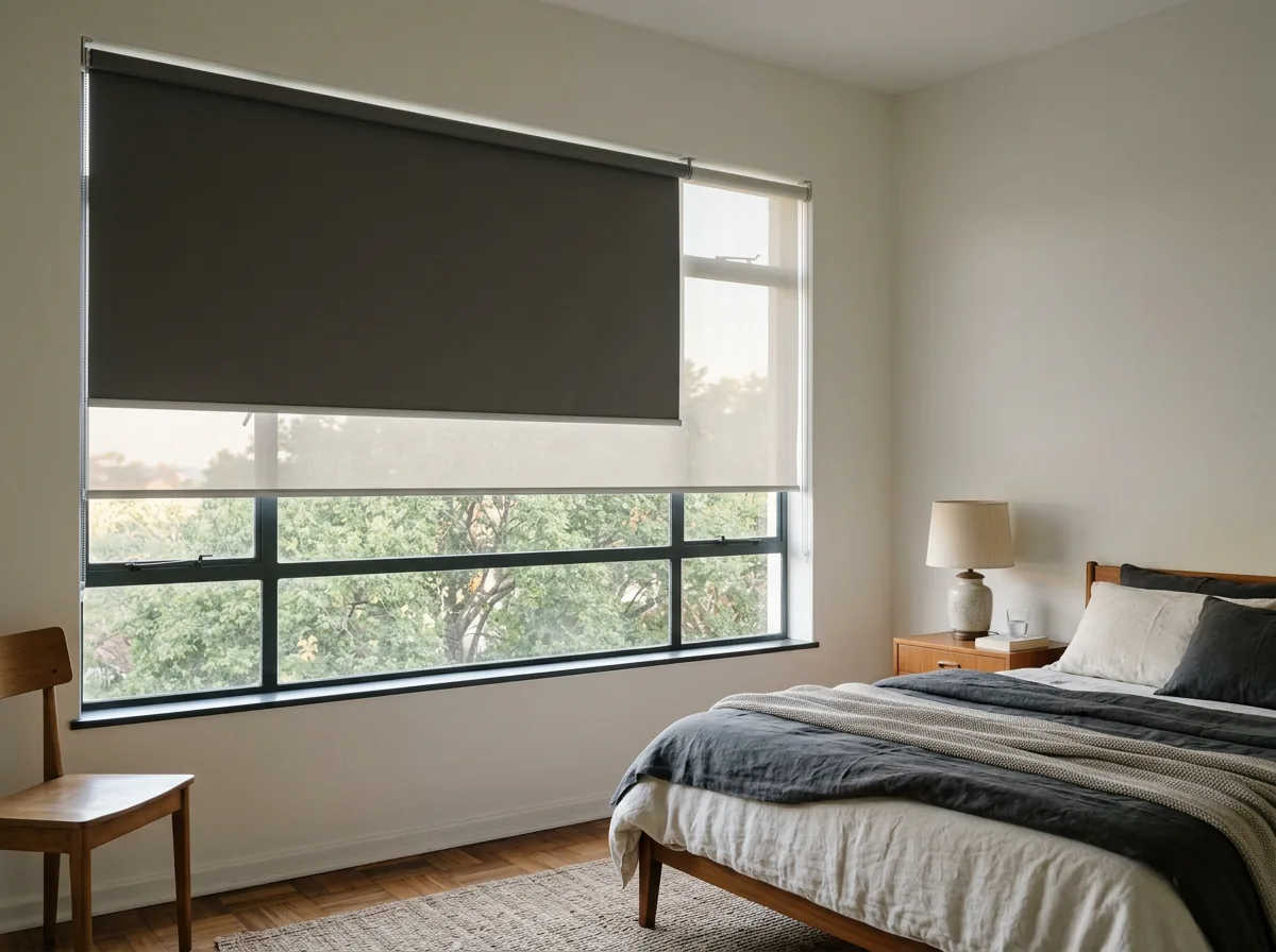 A double roller in an Illovo bedroom: a charcoal blockout blind pulled two-thirds down with a pale sunscreen mesh behind it, both single flat sheets on one bracket, tree canopy visible below
