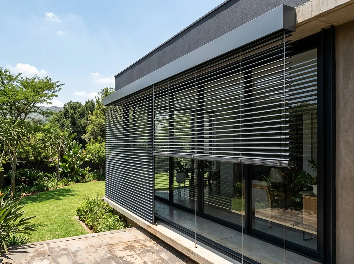 External venetian blind mounted outside a wall of glass on a Johannesburg home — horizontal aluminium slats hanging in guide cables from a slim headbox, tilted against the high midday sun