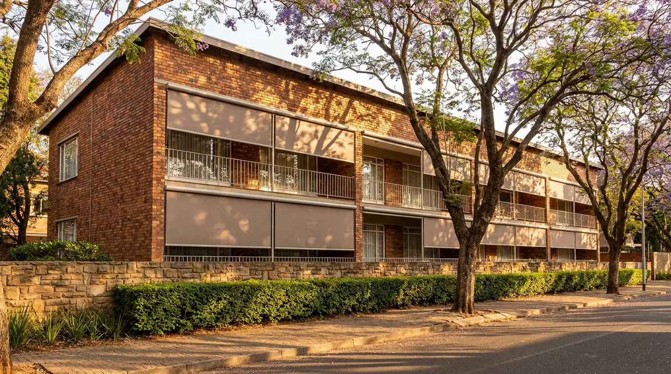 A 1950s face-brick low-rise apartment block on a jacaranda-lined Illovo street, its balcony sliding doors fitted with flat-sheet roller blinds half-lowered against the late afternoon sun