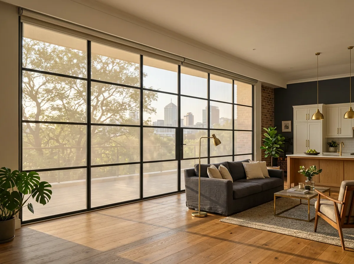A single flat sheet of pale sunscreen mesh rolled down over a floor-to-ceiling west-facing window in an Illovo apartment, tree canopy and distant office towers still visible through the weave