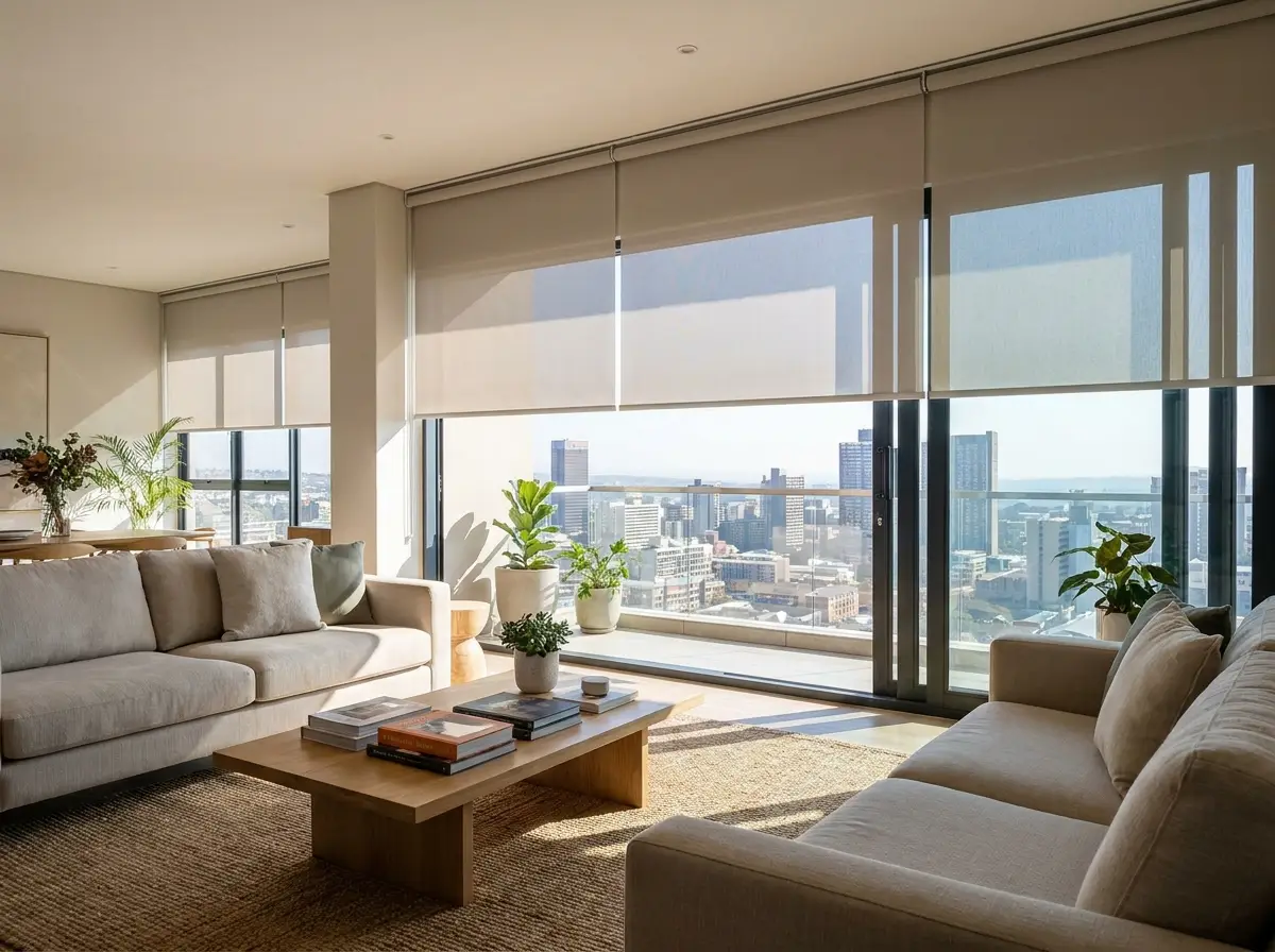 Sunscreen and blockout double roller blind half-lowered over a lounge window with a daytime city skyline view in Illovo