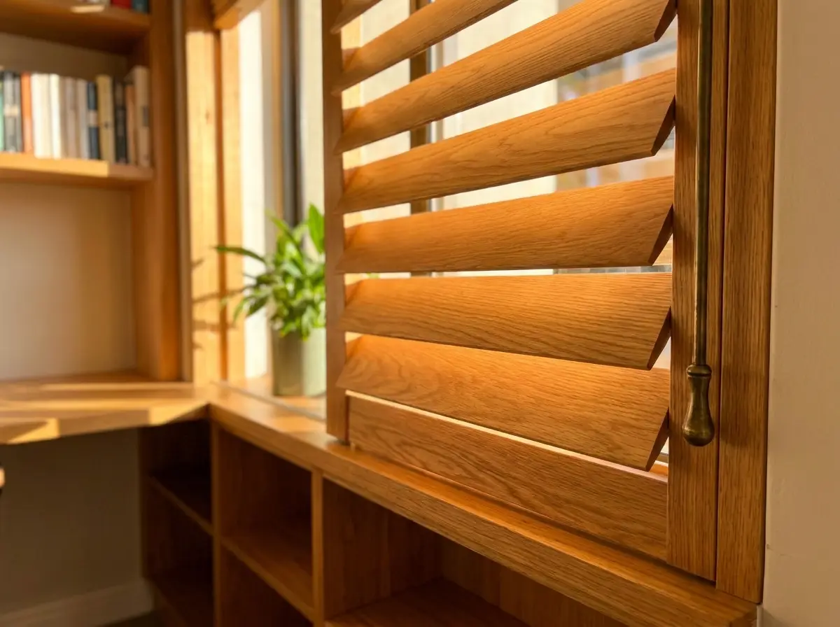 Close-up of warm timber venetian blind slats tilted for daylight in an Illovo apartment study nook