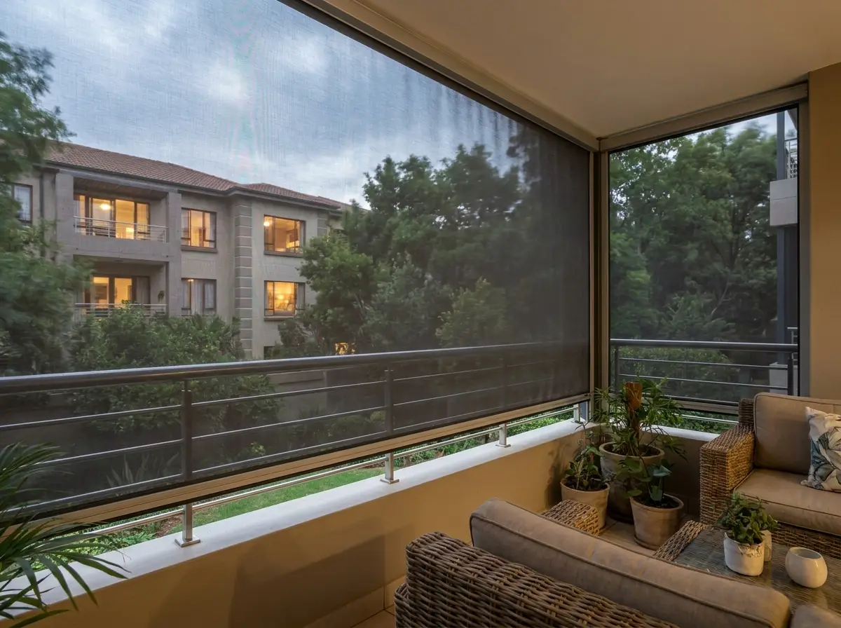 Zip screen mesh enclosing a covered balcony to create an outdoor room in an Illovo apartment